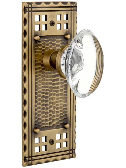 Pasadena Door Set with Oval Clear-Crystal Glass Knobs in Antique Brass.
